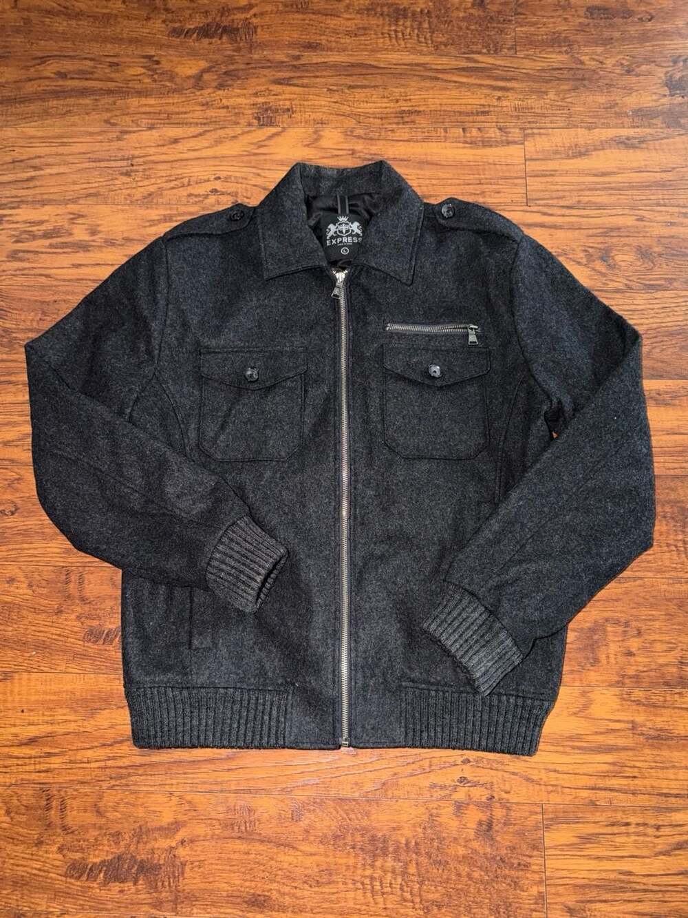 Express Wool Blend Bomber Jacket Size L Charcoal Gray Full Zip